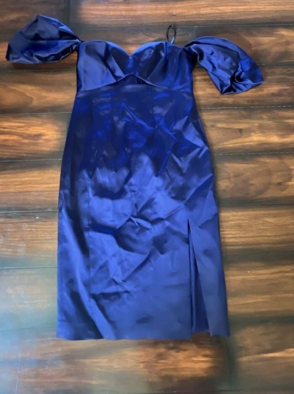 NWT Karen Millen Navy Blue Satin Off-The-Shoulder Midi Dress Size 10